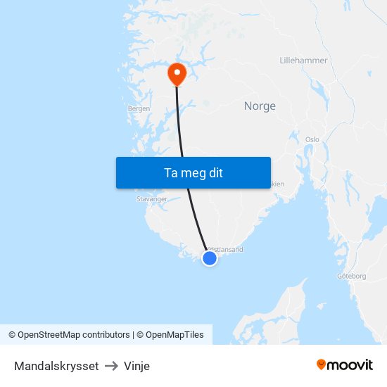 Mandalskrysset to Vinje map