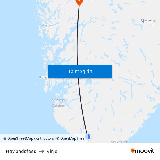 Høylandsfoss to Vinje map