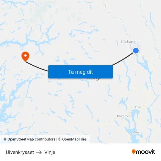 Ulvenkrysset to Vinje map