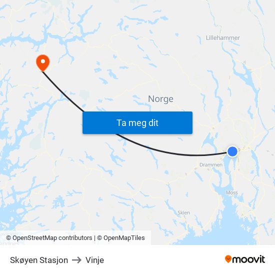 Skøyen Stasjon to Vinje map