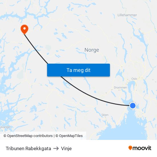 Tribunen Rabekkgata to Vinje map