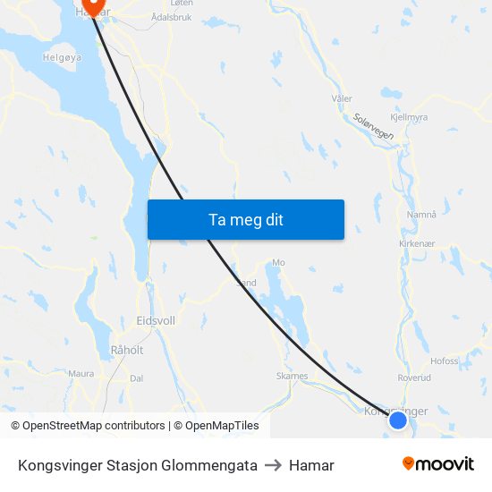 Kongsvinger Stasjon Glommengata to Hamar map