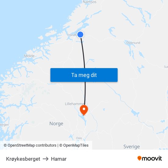 Krøykesberget to Hamar map