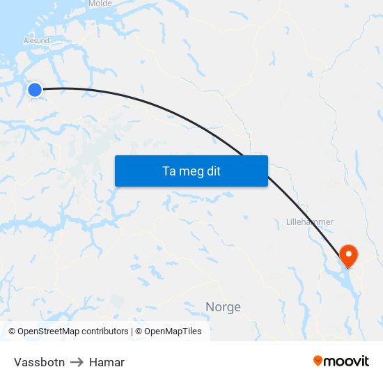 Vassbotn to Hamar map