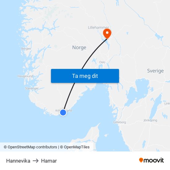 Hannevika to Hamar map