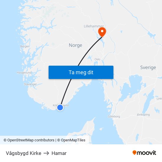 Vågsbygd Kirke to Hamar map