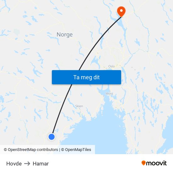 Hovde to Hamar map