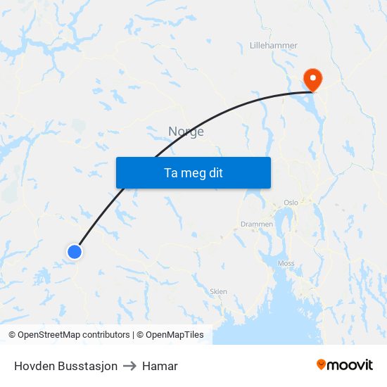 Hovden Busstasjon to Hamar map