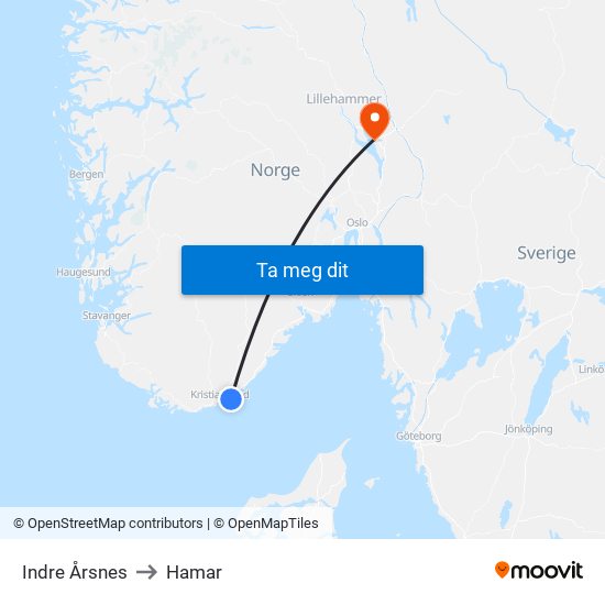 Indre Årsnes to Hamar map