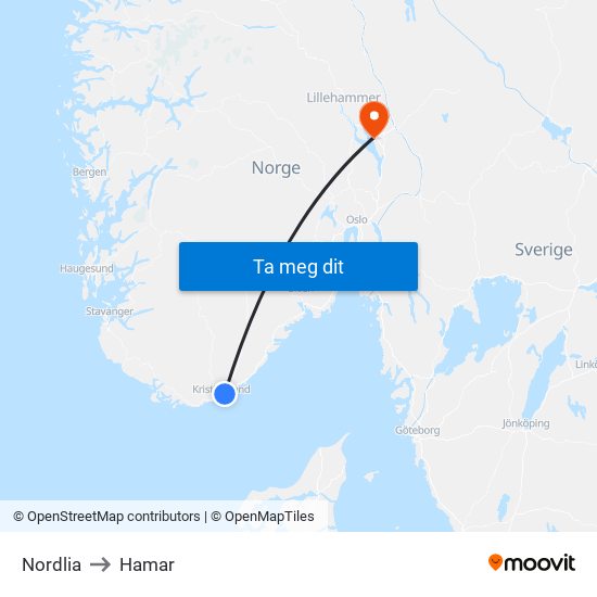 Nordlia to Hamar map