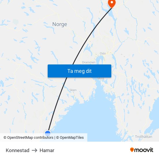 Konnestad to Hamar map