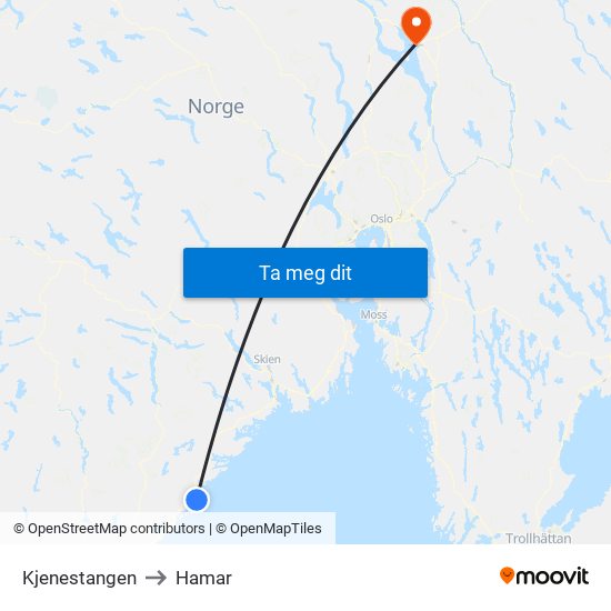 Kjenestangen to Hamar map