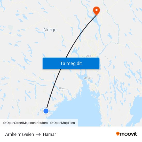 Arnheimsveien to Hamar map