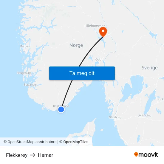 Flekkerøy to Hamar map