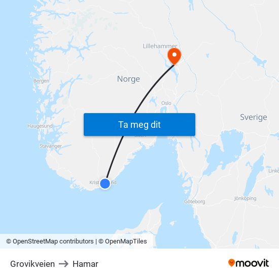 Grovikveien to Hamar map