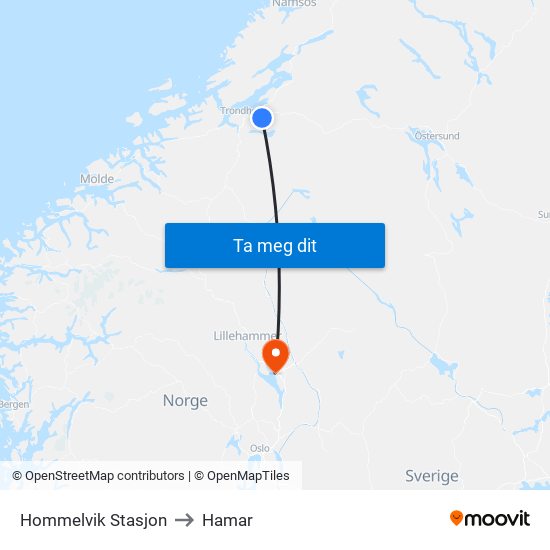 Hommelvik Stasjon to Hamar map