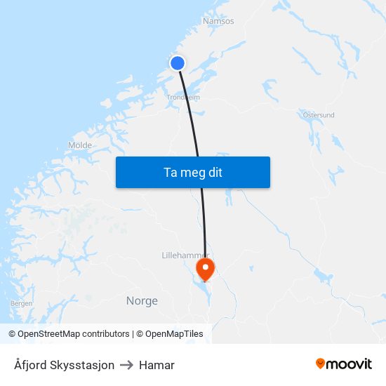 Åfjord Skysstasjon to Hamar map