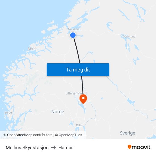 Melhus Skysstasjon to Hamar map