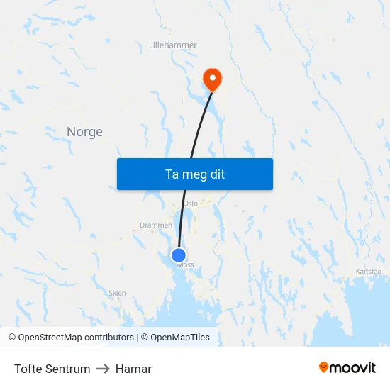 Tofte Sentrum to Hamar map