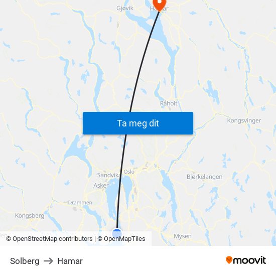 Solberg to Hamar map