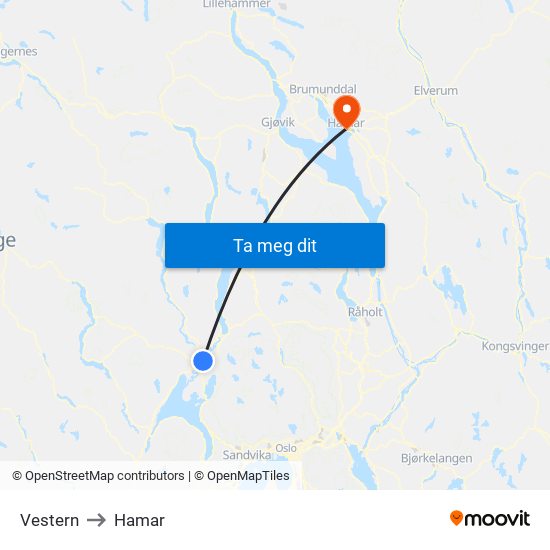 Vestern to Hamar map