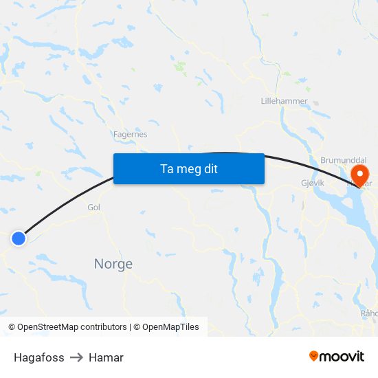 Hagafoss to Hamar map