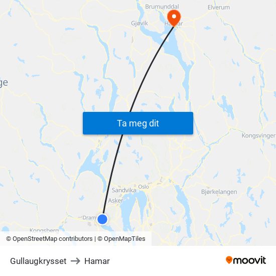 Gullaugkrysset to Hamar map