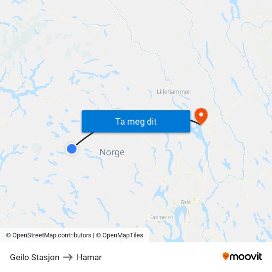 Geilo Stasjon to Hamar map