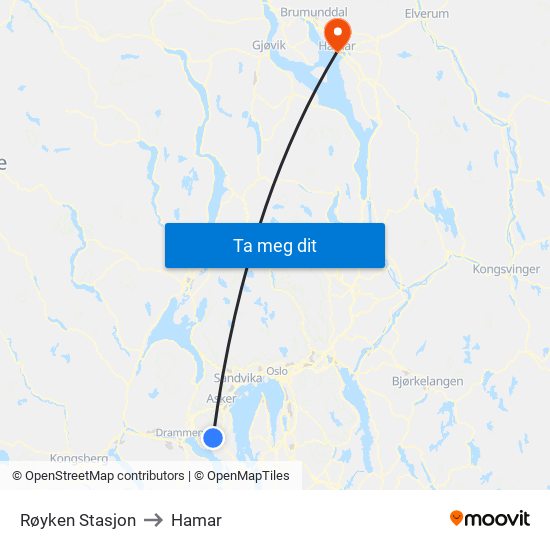 Røyken Stasjon to Hamar map