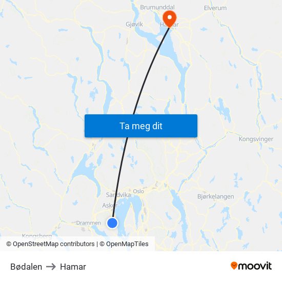 Bødalen to Hamar map