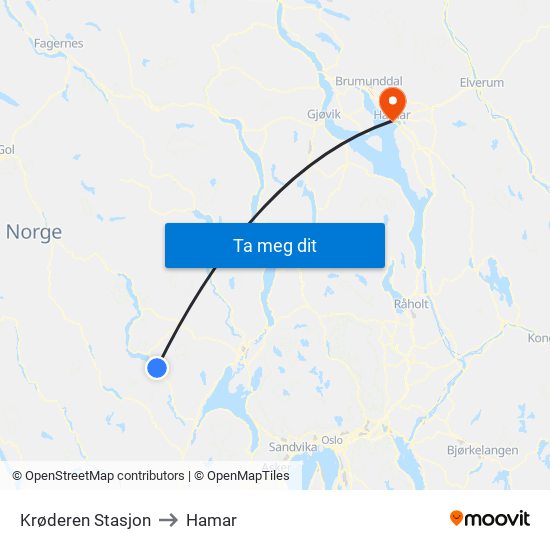 Krøderen Stasjon to Hamar map