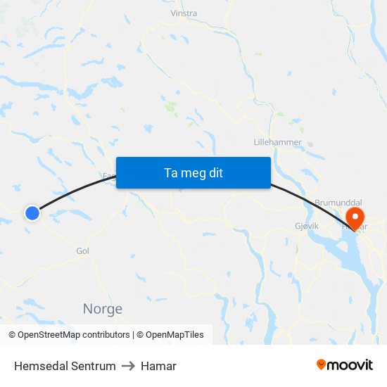 Hemsedal Sentrum to Hamar map