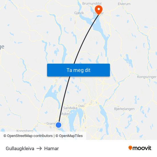 Gullaugkleiva to Hamar map