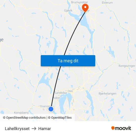 Lahellkrysset to Hamar map