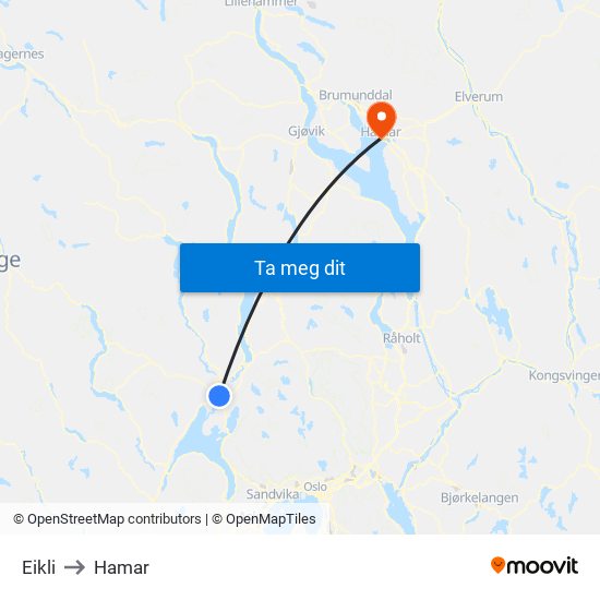 Eikli to Hamar map