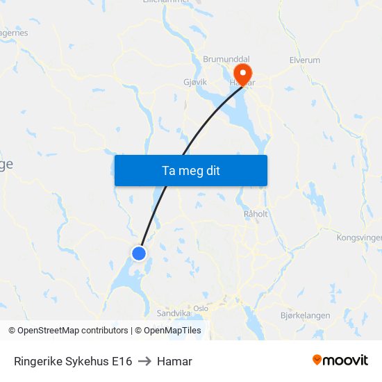 Ringerike Sykehus E16 to Hamar map