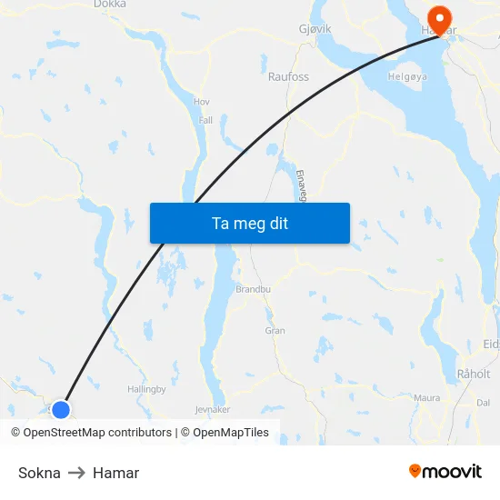 Sokna to Hamar map