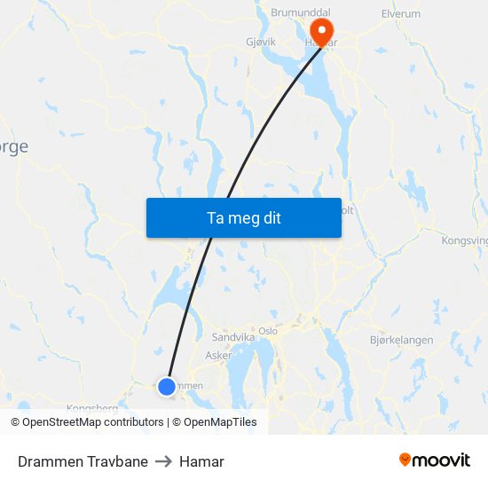 Drammen Travbane to Hamar map