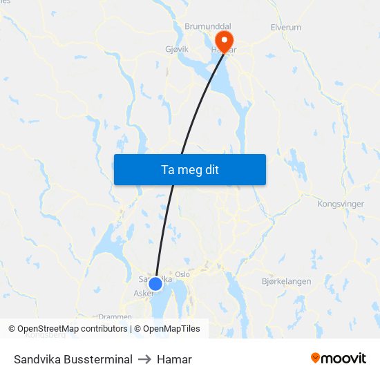 Sandvika Bussterminal to Hamar map