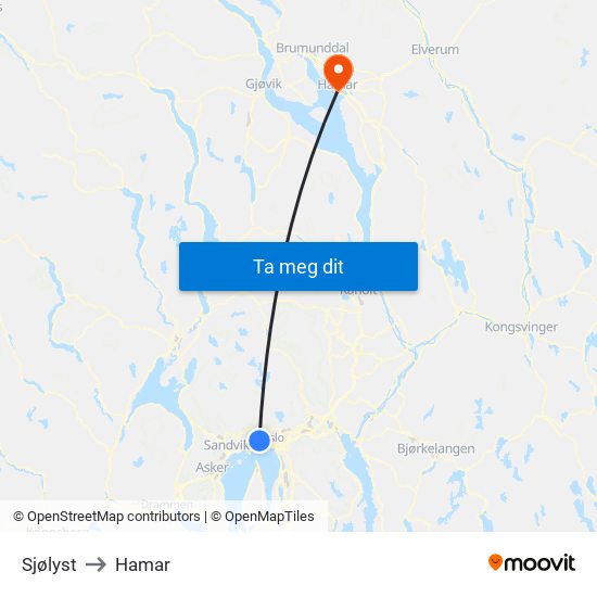 Sjølyst to Hamar map