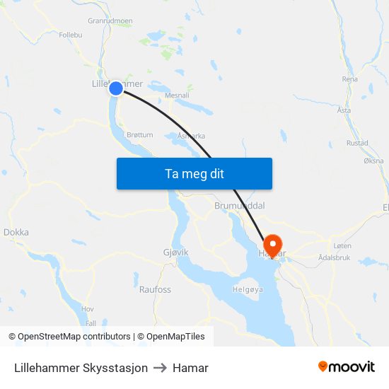 Lillehammer Skysstasjon to Hamar map