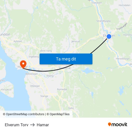 Elverum Torv to Hamar map