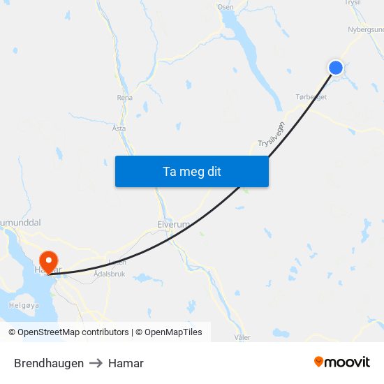 Brendhaugen to Hamar map