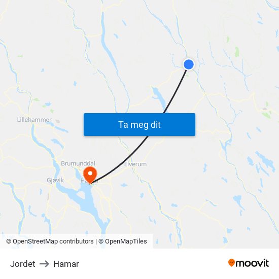 Jordet to Hamar map