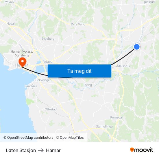 Løten Stasjon to Hamar map