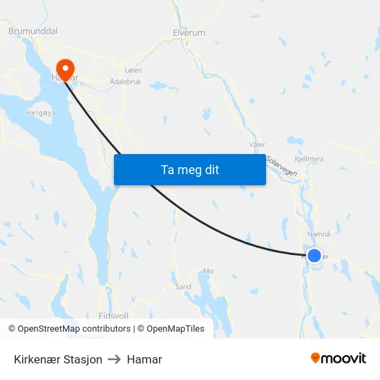 Kirkenær Stasjon to Hamar map
