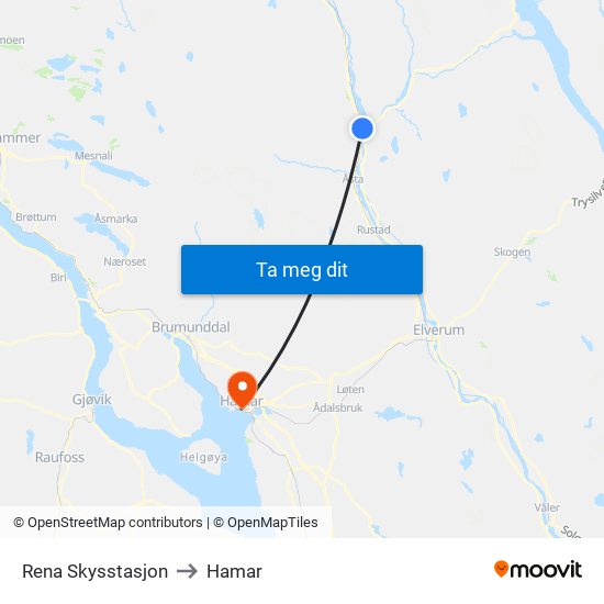 Rena Skysstasjon to Hamar map