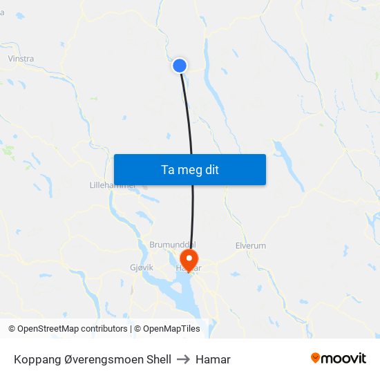Koppang Øverengsmoen Shell to Hamar map
