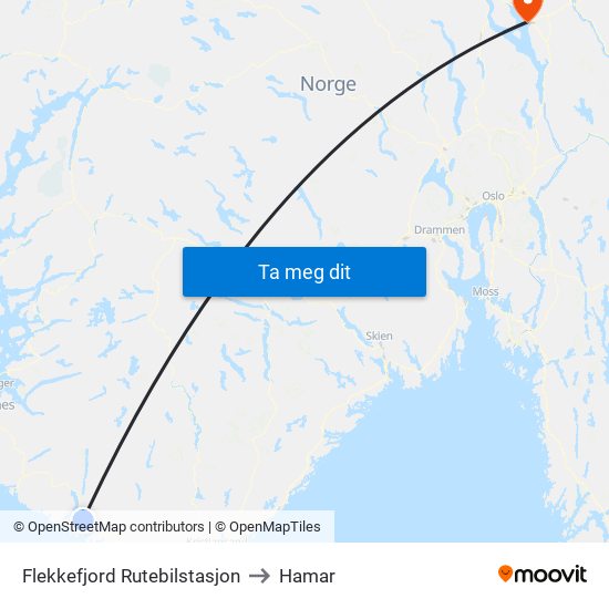 Flekkefjord Rutebilstasjon to Hamar map