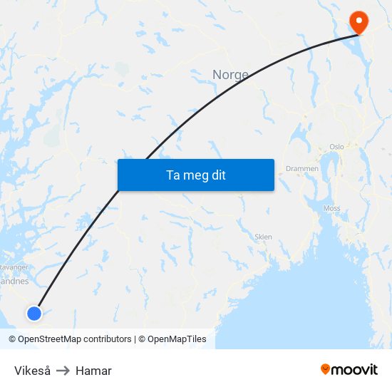 Vikeså to Hamar map